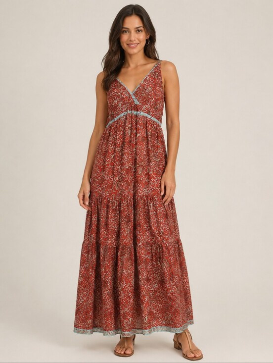 White Waves Dresses & Skirts - White Waves Boho Red Floral Tiered Maxi Skirt